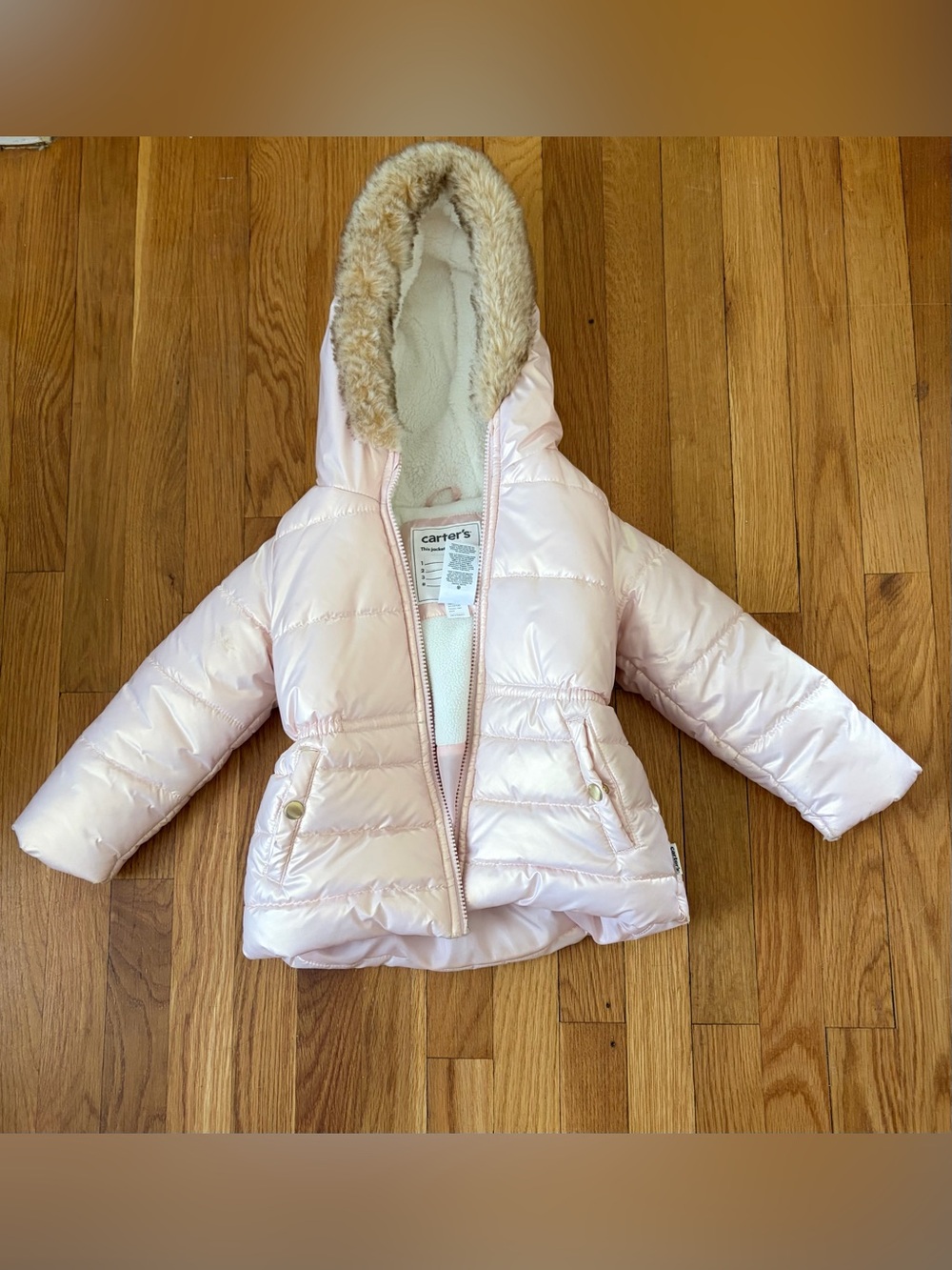Carter's Shiny Pale Pink Puffer Coat with Faux Fur Trim Hood